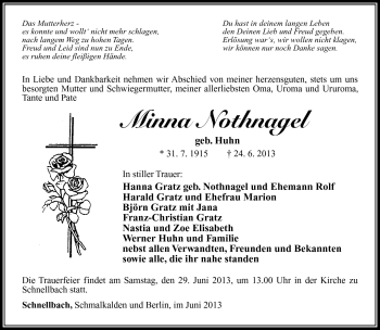 Traueranzeige von Minna Nothnagel von Südthüringer Presse