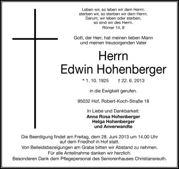 Traueranzeige von Edwin Hohenberger von Frankenpost