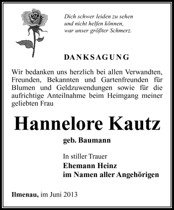 Traueranzeige von Hannelore Kautz von Südthüringer Presse