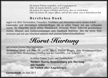 Traueranzeige von Horst Hartung von Südthüringer Presse