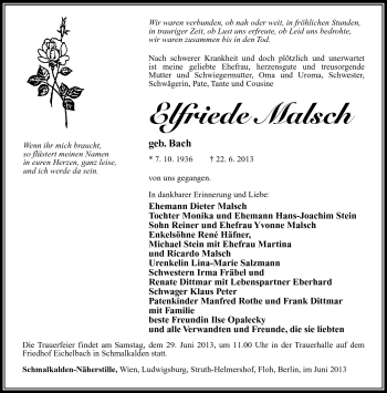 Traueranzeige von Elfriede Malsch von Südthüringer Presse