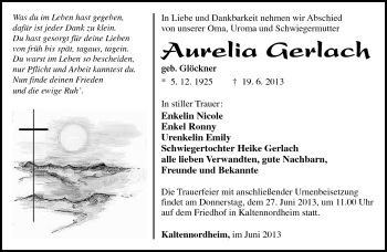 Traueranzeige von Aurelia Gerlach von Südthüringer Presse