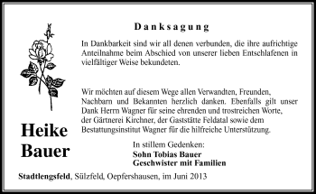 Traueranzeige von Heike Bauer von Südthüringer Presse