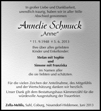 Traueranzeige von Annelie Schmuck von Südthüringer Presse