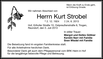 Traueranzeige von Kurt Strobel von Frankenpost