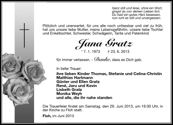 Traueranzeige von Jana Gratz von Südthüringer Presse