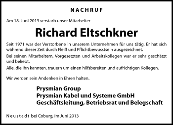 Traueranzeige von Richard Eltschkner von Neue Presse Coburg