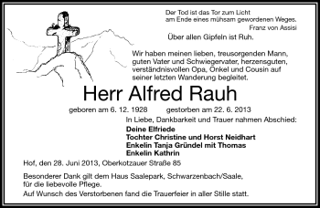 Traueranzeige von Alfred Rauh von Frankenpost
