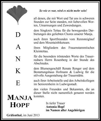 Traueranzeige von Manja Hopf von Neue Presse Coburg
