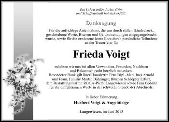 Traueranzeige von Frieda Voigt von Südthüringer Presse