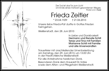 Traueranzeige von Frieda Zeitler von Frankenpost