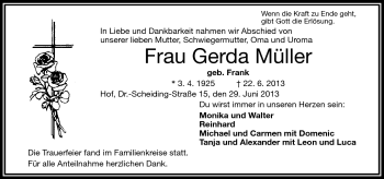 Traueranzeige von Gerda Müller von Frankenpost