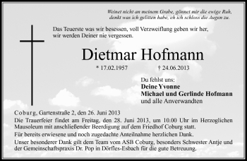 Traueranzeige von Dietmar Hofmann von Neue Presse Coburg