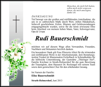 Traueranzeige von Rudi Bauerschmidt von Südthüringer Presse
