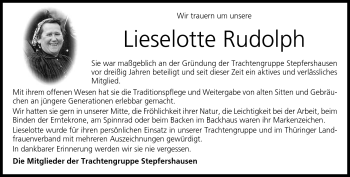 Traueranzeige von Lieselotte Rudolph von Südthüringer Presse
