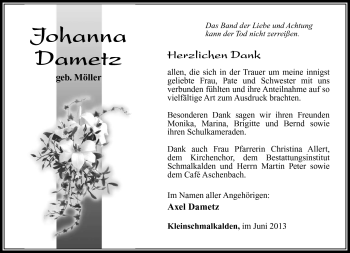 Traueranzeige von Johanna Dametz von Südthüringer Presse