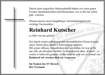 Traueranzeige von Reinhard Kutscher von Südthüringer Presse