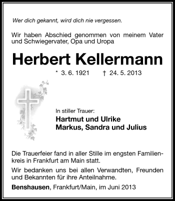 Traueranzeige von Herbert Kellermann von Südthüringer Presse
