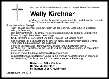 Traueranzeige von Wally Kirchner von Südthüringer Presse