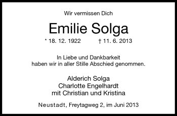 Traueranzeige von Emilie Solga von Neue Presse Coburg