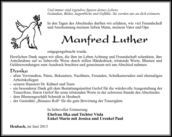 Traueranzeige von Manfred Luther von Südthüringer Presse