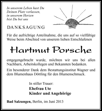 Traueranzeige von Hartmut Porsche von Südthüringer Presse