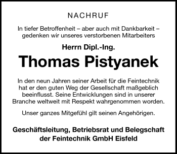 Traueranzeige von Thomas Pistyanek von Südthüringer Presse