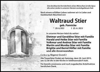 Traueranzeige von Waltraud Stier von Neue Presse Coburg