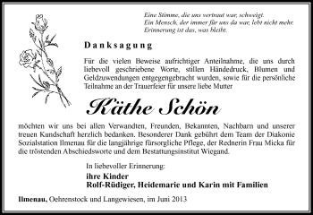 Traueranzeige von Käthe Schön von Südthüringer Presse
