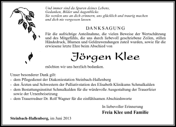 Traueranzeige von Jörgen Klee von Südthüringer Presse