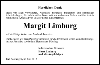 Traueranzeige von Margit Limburg von Südthüringer Presse