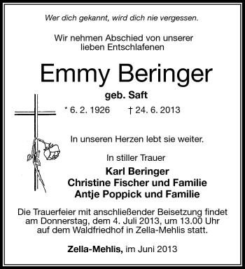 Traueranzeige von Emmy Beringer von Südthüringer Presse