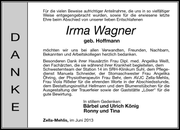 Traueranzeige von Irma Wagner von Südthüringer Presse