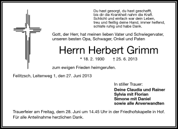 Traueranzeige von Herbert Grimm von Frankenpost