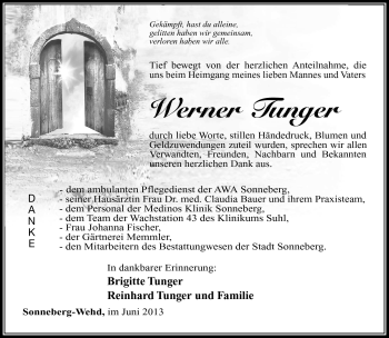 Traueranzeige von Werner Tunger von Südthüringer Presse