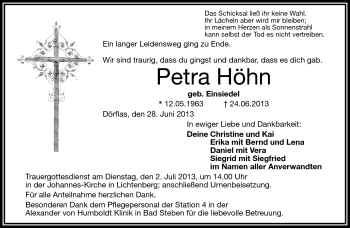 Traueranzeige von Petra Höhn von Frankenpost