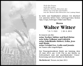 Traueranzeige von Walter Witter von Südthüringer Presse