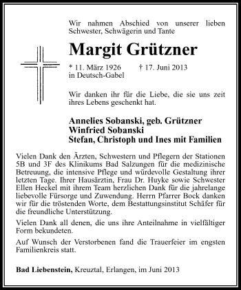 Traueranzeige von Margit Grützner von Südthüringer Presse