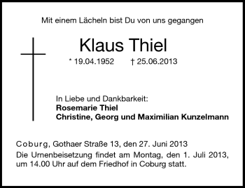Traueranzeige von Klaus Thiel von Neue Presse Coburg