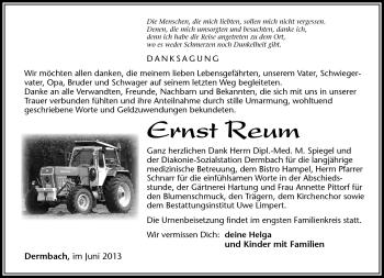 Traueranzeige von Ernst Reum von Südthüringer Presse