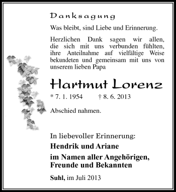 Traueranzeige von Hartmut Lorenz von Südthüringer Presse
