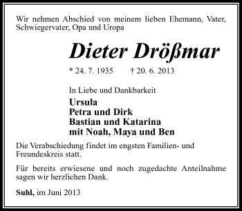 Traueranzeige von Dieter Drößmar von Südthüringer Presse