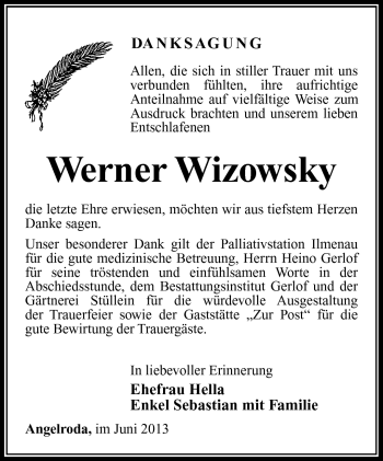 Traueranzeige von Werner Wizowsky von Südthüringer Presse