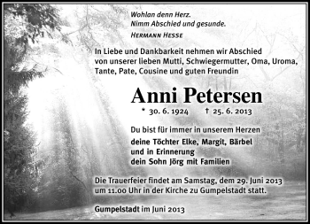 Traueranzeige von Anni Petersen von Südthüringer Presse