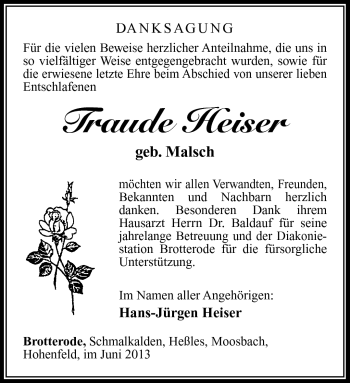 Traueranzeige von Traude Heiser von Südthüringer Presse