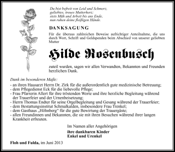 Traueranzeige von Hilde Rosenbusch von Südthüringer Presse
