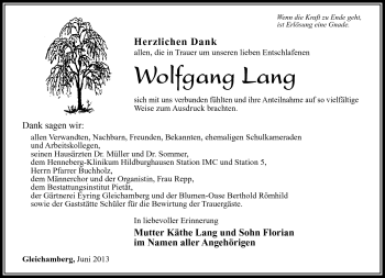 Traueranzeige von Wolfgang Lang von Südthüringer Presse
