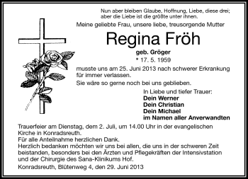 Traueranzeige von Regina Fröh von Frankenpost