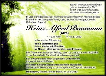 Traueranzeige von Heinz Alfred Baumann von Südthüringer Presse