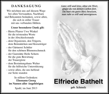 Traueranzeige von Elfriede Bathelt von Südthüringer Presse